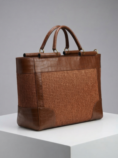 Sac à main de luxe en cuir véritable et osier tressé