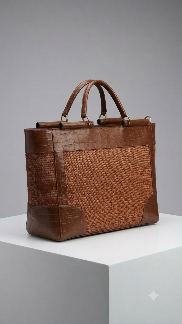 Sac à main de luxe en cuir véritable et osier tressé