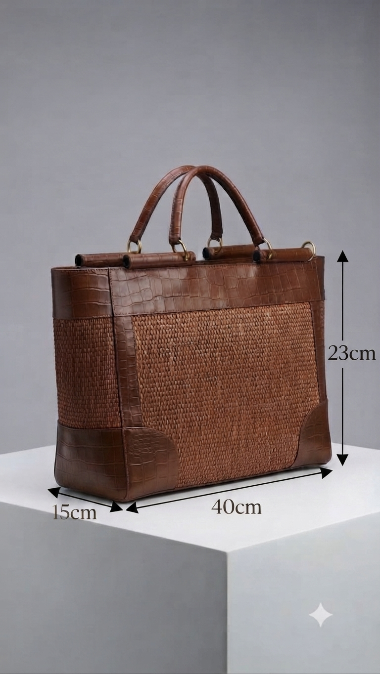 Sac à main de luxe en cuir véritable et osier tressé – Image 3