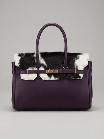 Sac à main cuir et veau façon poney - Aubergine